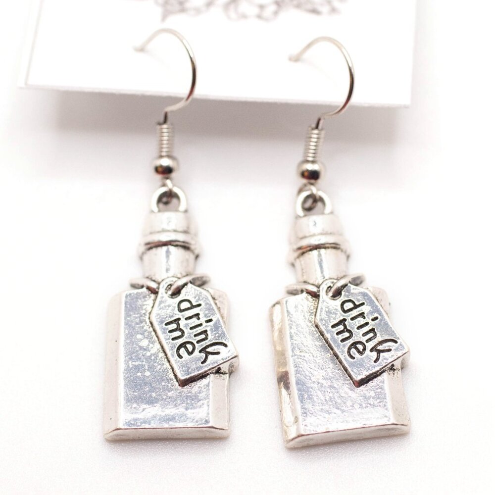Handmade Silvertone Disney Alice in Wonderland "Drink Me" Bottle Earrings, New